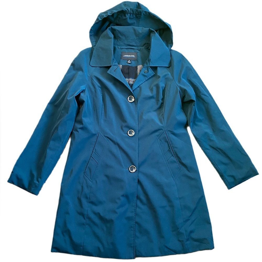 London Fog Teal Hooded Trench Coat Size M Plaid Fleece Lined Rain Jacket